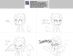 Size: 2334x1780 | Tagged: safe, artist:sintakhra, imported from derpibooru, ocellus, smolder, changedling, changeling, tumblr:studentsix, ask, disguise, disguised changeling, lineart, monochrome, tumblr