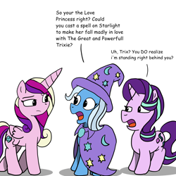 Size: 3000x3000 | Tagged: safe, artist:mrfidget, imported from derpibooru, princess cadance, starlight glimmer, trixie, pony, unicorn, dialogue, female, grammar error, lesbian, shipping, startrix