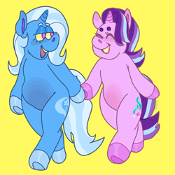 Size: 1280x1280 | Tagged: safe, artist:powdered-flowers, imported from derpibooru, starlight glimmer, trixie, pony, semi-anthro, unicorn, bipedal, eyebrows, female, hoof hold, lesbian, looking at each other, shipping, smiling, startrix