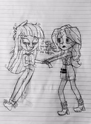 Size: 2240x3056 | Tagged: safe, artist:michaelmaddox222, imported from derpibooru, sunset shimmer, twilight sparkle, human, equestria girls, barefoot, bondage, clothes, cross-eyed, faic, feet, helping, insanity, jacket, lineart, lined paper, messy hair, monochrome, pulling, skirt, straitjacket, straps, text, traditional art, twilight snapple