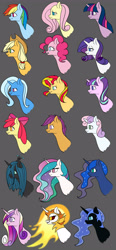 Size: 2000x4300 | Tagged: safe, artist:blueeye, artist:pupil, imported from derpibooru, apple bloom, applejack, daybreaker, fluttershy, nightmare moon, pinkie pie, princess cadance, princess celestia, princess luna, queen chrysalis, rainbow dash, rarity, scootaloo, starlight glimmer, sunset shimmer, sweetie belle, trixie, twilight sparkle, changeling, earth pony, pegasus, pony, unicorn, cutie mark crusaders, female, filly, mane six, mare, royal sisters