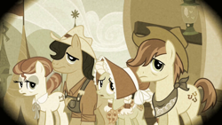 Size: 1280x720 | Tagged: safe, imported from derpibooru, screencap, granny smith, happy trails, pokey oaks, sew 'n sow, earth pony, pony, family appreciation day, season 2, apple family member, bags under eyes, bonnet, clothes, female, hat, hungry, male, mare, old timey, pigtails, sepia, stallion, tired, young granny smith, younger