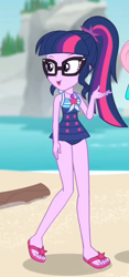 Size: 253x542 | Tagged: safe, imported from derpibooru, screencap, sci-twi, twilight sparkle, equestria girls, equestria girls series, unsolved selfie mysteries, cropped, feet, female, flip-flops, geode of telekinesis, glasses, legs, magical geodes, ponytail, sandals, solo