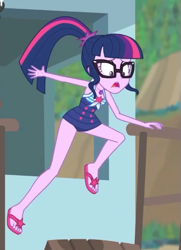 Size: 387x536 | Tagged: safe, imported from derpibooru, screencap, sci-twi, twilight sparkle, equestria girls, equestria girls series, unsolved selfie mysteries, clothes, cropped, feet, female, flip-flops, geode of telekinesis, glasses, legs, magical geodes, offscreen character, ponytail, sandals, sci-twi swimsuit, solo, swimsuit