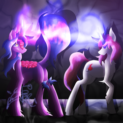 Size: 5800x5800 | Tagged: safe, artist:florarena-kitasatina/dragonborne fox, imported from derpibooru, oc, oc only, oc:crimson flame, oc:writhing ember, kirin, pony, unicorn, absurd resolution, ahoge, butt, cel shading, duo, fire, golden eyes, plot, raised leg, signature, spell, this will end in burns, unshorn fetlocks, watermark