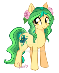 Size: 600x738 | Tagged: safe, artist:furreon, imported from derpibooru, oc, oc only, oc:willow wish, earth pony, pony, deviantart watermark, female, flower, flower in hair, looking at you, mare, obtrusive watermark, offspring, parent:big macintosh, parent:fluttershy, parents:fluttermac, signature, simple background, solo, transparent background, watermark