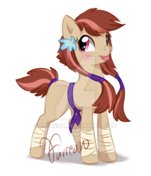 Size: 600x698 | Tagged: safe, artist:furreon, imported from derpibooru, oc, oc only, unnamed oc, earth pony, pony, bandage, belt, blushing, deviantart watermark, female, flower, flower in hair, karate belt, mare, obtrusive watermark, signature, simple background, solo, tongue out, transparent background, watermark