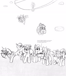 Size: 2199x2544 | Tagged: safe, artist:dsb71013, imported from derpibooru, anchors away, oc, oc:amber spark, oc:maplejack, oc:misty monsoon, oc:night cap, oc:rhapsody, oc:snowy skies, oc:static signal, earth pony, pegasus, pony, unicorn, background pony, butt, carrying, cart, cloud, comic, female, flying, g3, g3 to g4, g4, generation leap, glowing horn, horn, luggage, magic, male, mare, monochrome, mouth hold, plot, stallion, suitcase, teleportation