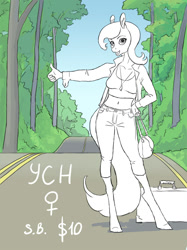 Size: 700x934 | Tagged: safe, artist:adeptus-monitus, imported from derpibooru, oc, oc only, anthro, unguligrade anthro, advertisement, commission, female, forest, hitchhiking, road, solo, ych example, your character here