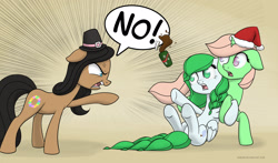 Size: 2041x1200 | Tagged: safe, artist:nimaru, imported from derpibooru, oc, oc only, oc:luau, oc:rose petal, oc:winter willow, earth pony, pegasus, pony, unicorn, christmas, eggnog, female, hat, holiday, mare, pilgrim hat, santa hat, thanksgiving