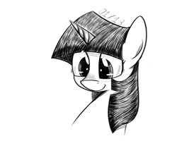 Size: 1280x1024 | Tagged: safe, artist:dsana, imported from derpibooru, twilight sparkle, pony, bust, female, ink drawing, inktober, mare, monochrome, simple background, sketch, smiling, solo, traditional art, white background