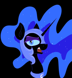 Size: 2569x2782 | Tagged: safe, artist:paskanaakka, derpibooru exclusive, imported from derpibooru, nightmare moon, pony, black background, bust, ear fluff, eyeshadow, fangs, female, makeup, portrait, simple background, solo