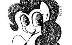 Size: 1280x800 | Tagged: safe, artist:dsana, imported from derpibooru, pinkie pie, earth pony, pony, female, ink drawing, inktober, mare, monochrome, open mouth, raised hoof, simple background, sketch, smiling, solo, traditional art, white background