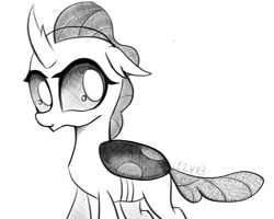 Size: 1280x1024 | Tagged: safe, artist:dsana, imported from derpibooru, ocellus, changedling, changeling, female, floppy ears, ink drawing, inktober, looking at you, monochrome, simple background, sketch, smiling, solo, traditional art, white background