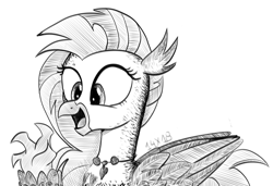 Size: 1280x874 | Tagged: safe, artist:dsana, imported from derpibooru, silverstream, classical hippogriff, hippogriff, female, ink drawing, inktober, jewelry, monochrome, necklace, open mouth, simple background, sketch, smiling, solo, traditional art, waving, white background