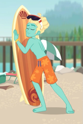 Size: 369x548 | Tagged: safe, imported from derpibooru, screencap, gladys, zephyr breeze, blue crushed, equestria girls, equestria girls series, ankles, barefoot, beach, clothes, cropped, eyes closed, feet, legs, male, manbun, partial nudity, shorts, smiling, solo, sunglasses, surfboard, swimming trunks, topless, zephyrbetes