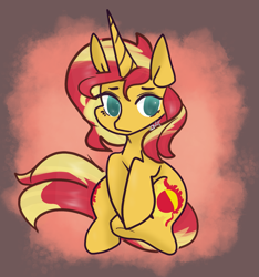 Size: 1515x1616 | Tagged: safe, artist:incapacitatedvixen, imported from derpibooru, sunset shimmer, pony, unicorn, female, looking at you, mare, sitting, solo, underhoof