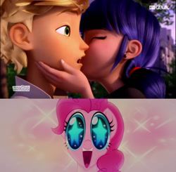 Size: 600x589 | Tagged: safe, imported from derpibooru, pinkie pie, earth pony, human, pony, my little pony: the movie, adrien agreste, female, kissing, male, mare, marinette dupain-cheng, miraculous ladybug, spoilers for another series, starry eyes, wingding eyes