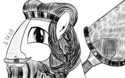 Size: 1280x800 | Tagged: safe, artist:dsana, imported from derpibooru, rockhoof, earth pony, pony, beard, bust, facial hair, ink drawing, inktober, looking at you, male, monochrome, rockhoof's shovel, simple background, sketch, smiling, solo, stallion, traditional art, white background