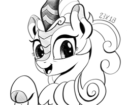 Size: 1280x1053 | Tagged: safe, artist:dsana, imported from derpibooru, autumn blaze, kirin, sounds of silence, bust, cloven hooves, female, ink drawing, inktober, lineart, looking at you, monochrome, open mouth, raised hoof, simple background, sketch, smiling, solo, traditional art, white background