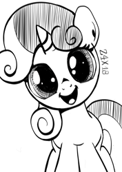 Size: 1110x1568 | Tagged: safe, artist:dsana, imported from derpibooru, sweetie belle, pony, unicorn, female, filly, ink drawing, inktober, looking at you, monochrome, simple background, sketch, smiling, solo, traditional art, white background