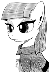 Size: 1130x1666 | Tagged: safe, artist:dsana, imported from derpibooru, maud pie, earth pony, pony, clothes, dress, female, ink drawing, inktober, lidded eyes, mare, monochrome, simple background, sketch, solo, traditional art, white background