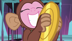 Size: 1280x720 | Tagged: safe, imported from derpibooru, screencap, pinkie pie, earth pony, monkey, pony, school raze, animal costume, cage, clothes, costume, cute, cymbal monkey, cymbals, diapinkes, eyes closed, female, grin, mare, musical instrument, pinkie being pinkie, smiling, solo, squee