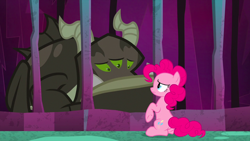 Size: 1440x810 | Tagged: safe, imported from derpibooru, screencap, pinkie pie, earth pony, pony, school raze, background monster, cage, duo, female, mare, monster, sad, sitting, tartarus, three eyed cavewanderer frog