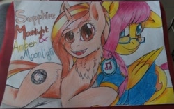 Size: 2542x1610 | Tagged: safe, artist:mya-chan nina, imported from derpibooru, oc, oc only, oc:amber moonlight(loe), oc:sapphire moonlight (loe), pegasus, pony, unicorn, clothes, colored, couple, cuddling, cutie mark, glasses, headphones, horn, legends of equestria, long mane, long tail, oc x oc, pale skin, shadows, shipping, shirt, shy, skirt, smiley face, smiling, traditional art, uniform, wings