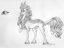 Size: 1280x969 | Tagged: safe, artist:dementra369, imported from derpibooru, autumn blaze, kirin, sounds of silence, female, grin, monochrome, sketch, smiling, solo, traditional art, unshorn fetlocks