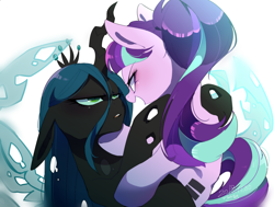 Size: 1720x1300 | Tagged: safe, artist:potetecyu_to, imported from derpibooru, queen chrysalis, starlight glimmer, changeling, changeling queen, pony, unicorn, duo, expectation vs reality, female, glimmerlis, hug, lesbian, mare, open mouth, s5 starlight, shipping, smiling