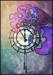 Size: 1470x2048 | Tagged: safe, artist:canvymamamoo, imported from derpibooru, nightmare moon, alicorn, pony, clock, female, mare, solo, traditional art