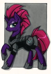 Size: 1133x1639 | Tagged: safe, artist:canvymamamoo, imported from derpibooru, tempest shadow, pony, unicorn, armor, broken horn, female, horn, mare, solo, traditional art