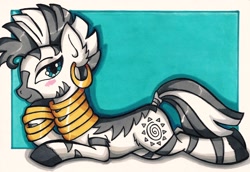 Size: 1646x1132 | Tagged: safe, artist:canvymamamoo, imported from derpibooru, zecora, pony, zebra, ear piercing, earring, female, jewelry, mare, piercing, solo, traditional art