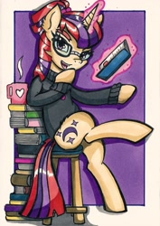 Size: 1350x1904 | Tagged: safe, artist:canvymamamoo, imported from derpibooru, moondancer, pony, unicorn, book, clothes, female, magic, mare, solo, stool, sweater, traditional art