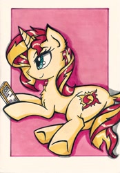 Size: 1151x1650 | Tagged: safe, artist:canvymamamoo, imported from derpibooru, sunset shimmer, pony, unicorn, female, mare, pong, solo, traditional art