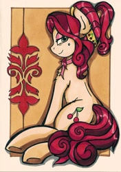 Size: 1350x1917 | Tagged: safe, artist:canvymamamoo, imported from derpibooru, cherry jubilee, earth pony, pony, female, looking at you, looking back, looking back at you, mare, solo, traditional art