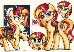 Size: 2048x1425 | Tagged: safe, artist:canvymamamoo, imported from derpibooru, sunset shimmer, pony, unicorn, cute, female, heart, mare, saddle bag, shimmerbetes, solo, traditional art