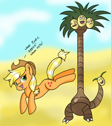 Size: 2300x2600 | Tagged: safe, artist:rainbowtashie, imported from derpibooru, applejack, exeggutor, pony, alolan exeggutor, alolan form, bucking, crossover, pokémon, silly, silly pony, this will end in pain, who's a silly pony