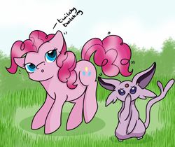 Size: 2500x2100 | Tagged: safe, artist:rainbowtashie, imported from derpibooru, pinkie pie, espeon, boop, crossover, grass, pinkie sense, pokémon, self-boop