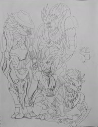 Size: 1299x1679 | Tagged: safe, artist:takengrin endmmar, derpibooru exclusive, imported from derpibooru, mean applejack, mean fluttershy, mean pinkie pie, mean rainbow dash, mean rarity, mean twilight sparkle, fanfic:my little light;destiny is magic, the mean 6, clone, crossover, destiny (game), destiny (video game), destiny 2 forsaken, diandrä, eleskini-fied, faded, fanfic art, flütïcrud, horn, house of scorned elements, jaçlorïc, lying down, räkïrl, scorn, smoke, twïnãnsty, weapon