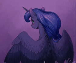 Size: 1200x1000 | Tagged: safe, artist:amarynceus, imported from derpibooru, princess luna, alicorn, pony, blushing, dappled, female, freckles, horn, looking at you, looking back, looking back at you, looking over shoulder, mare, smiling, solo, spread wings, wings