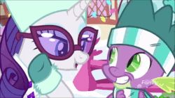 Size: 1280x720 | Tagged: safe, imported from derpibooru, screencap, rarity, spike, dragon, pony, unicorn, best gift ever, animated, blushing, boop, female, glasses, male, mare, noseboop, shipping fuel, snow, sound, webm, winged spike, wings, winter outfit