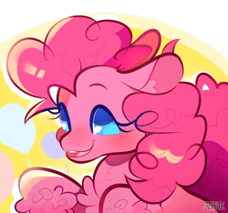 Size: 1280x1197 | Tagged: safe, artist:juicvox, imported from derpibooru, pinkie pie, earth pony, pony, balloon, blushing, bust, chest fluff, cute, diapinkes, ear fluff, female, open mouth, smiling, solo, unshorn fetlocks