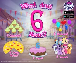 Size: 940x788 | Tagged: safe, imported from derpibooru, applejack, fluttershy, pinkie pie, rainbow dash, rarity, twilight sparkle, alicorn, 6, anniversary, balloon, birthday cake, cake, candle, cupcake, female, food, gameloft, heart balloon, mane six, mare, my little pony logo, official, pizza, twilight sparkle (alicorn)