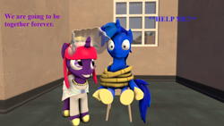 Size: 1920x1080 | Tagged: safe, artist:xboxking37, imported from derpibooru, oc, oc:moonlit charm, oc:thunder wing, alicorn, pony, unicorn, 3d, clothes, dress, forced shipping, kidnapped, obsession, oc x oc, rope, shipping, shocked expression, source filmmaker, tied up, wedding dress, wedding veil