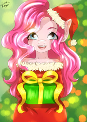 Size: 1280x1786 | Tagged: safe, artist:lucaaegus, imported from derpibooru, pinkie pie, anthro, christmas, christmas lights, female, hat, holiday, present, santa hat, solo