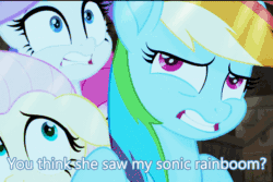 Size: 540x360 | Tagged: safe, imported from derpibooru, screencap, fluttershy, rainbow dash, rarity, earth pony, pegasus, pony, my little pony: the movie, animated, cropped, female, gif, mare, text, trio
