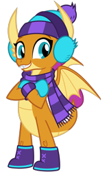 Size: 2000x3200 | Tagged: safe, alternate version, artist:cheezedoodle96, imported from derpibooru, smolder, dragon, best gift ever, .svg available, boots, claws, clothes, crossed arms, cute, dragon wings, dragoness, dragons wearing clothes, earmuffs, fangs, female, happy, hat, looking at you, mittens, scarf, shoes, simple background, smiling, smolderbetes, solo, svg, teeth, transparent background, vector, wings, winter outfit