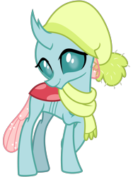 Size: 2400x3200 | Tagged: safe, alternate version, artist:cheezedoodle96, imported from derpibooru, ocellus, changedling, changeling, best gift ever, .svg available, clothes, crossed legs, cute, cuteling, diaocelles, female, hat, looking at you, moe, scarf, shy, simple background, smiling, solo, svg, transparent background, vector, winter outfit